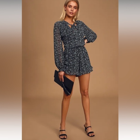 Lulus Pants - Lulu’s Love Grows Black Floral Print Long Sleeve Tie-Neck Romper